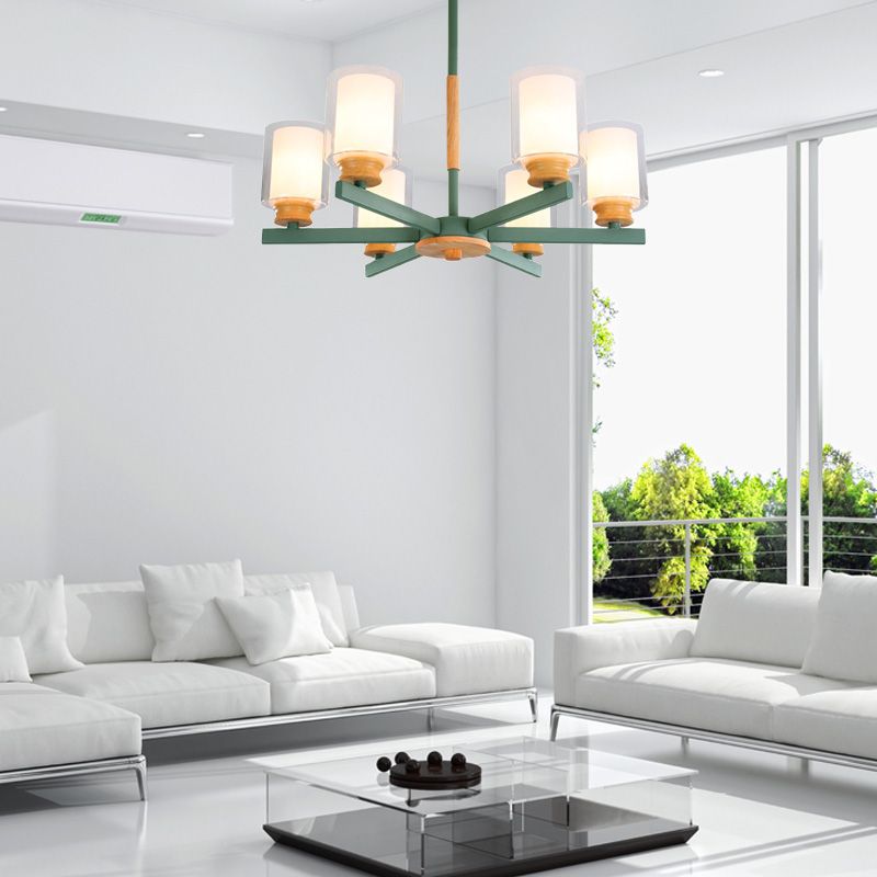 Makkaronzylinder Kronleuchter Anhänger Leicht Milchglas 3/5/6 Lichter hängende Decke Licht in Rosa/Gelb/Grün für Wohnzimmer