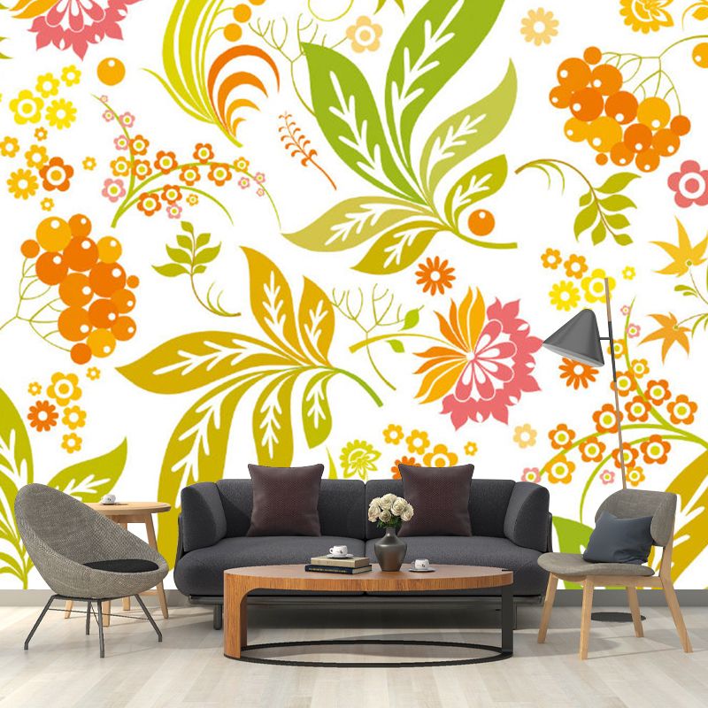 Flower and Leaf Wallpaper Murals Yellow-Green Contemporary Wall Art for Girls Room