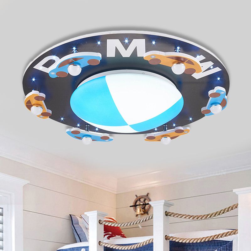 Blue Circle Flush Mount Light with Car Cartoon Modern Acrylic LED Ceiling Light for Boys Bedroom