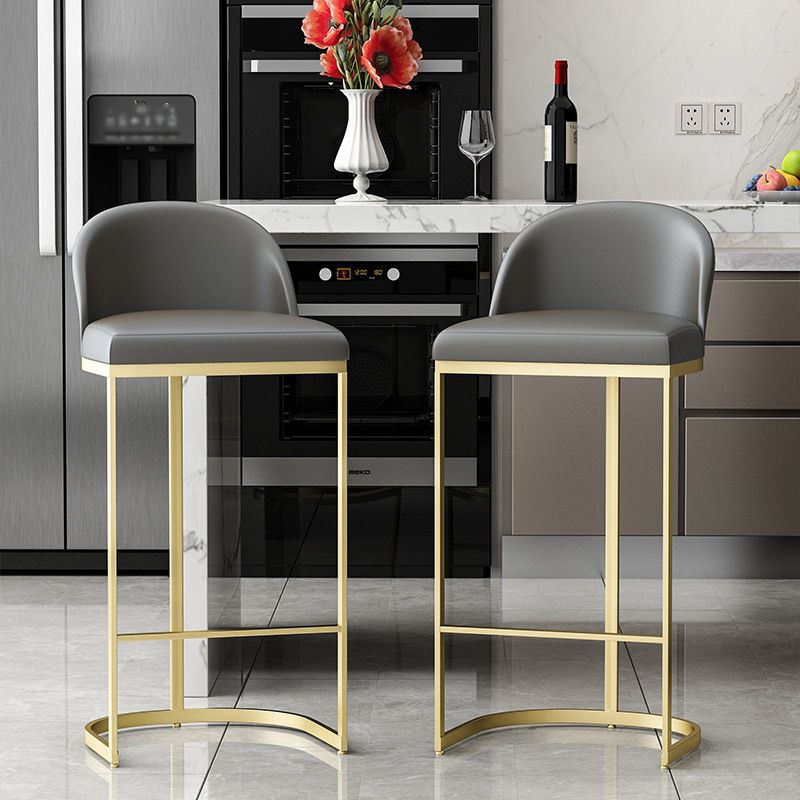 Glam Gray Metal Barstool Faux Leather Upholstered Counter Stool with Gold Base