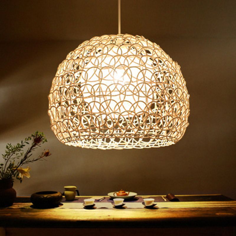 1 Light Half-circle Pendant Asia Rattan Ceiling Pendant Light with Hanging Cord for Bedroom