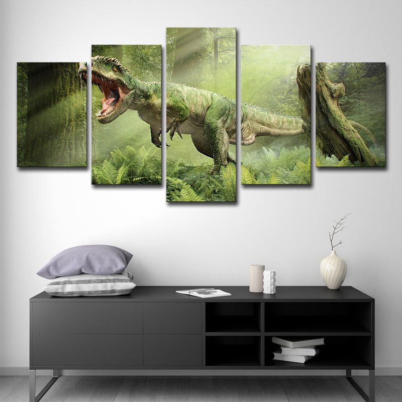 Green Digital Print Dinosaur Canvas Wall Art Multi-Piece Sci-Fi Bedroom Wall Decor