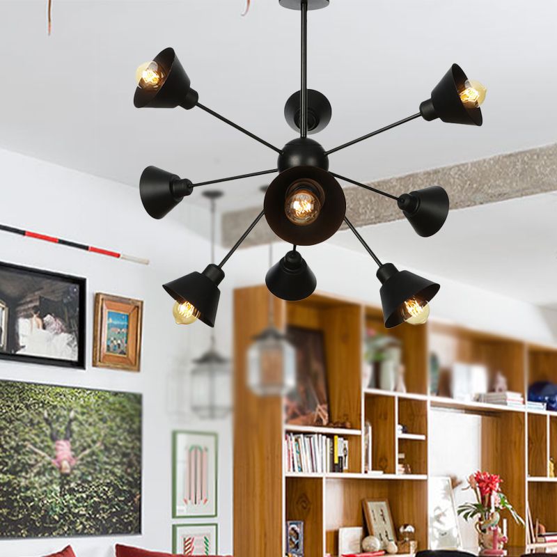 Cone Shade Metal Hanging Lamp Industrial Elemy 9/12/15 Lights Black Chandelier Pendant Light With Spoutnik Design