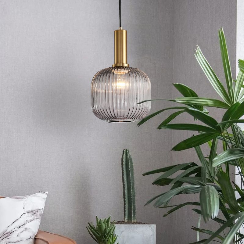 Contemporary Blown Ribbed Glass Pendant Light 1-Light Hanging Pendant Lighting For Bedroom