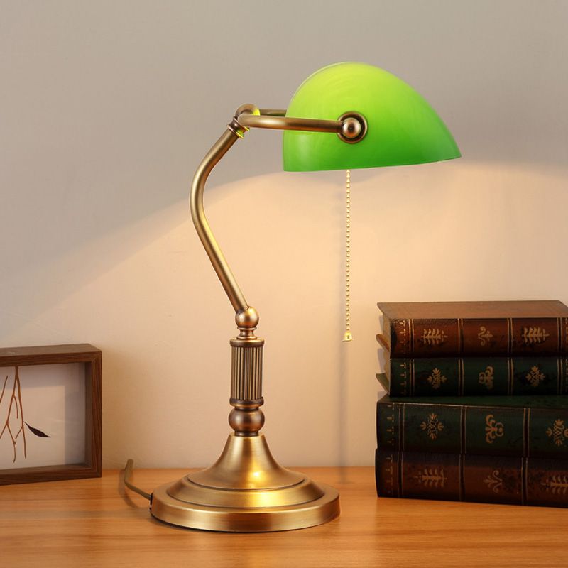 1 Light Rollover Shade Metal Night Light Country Green Glass Nightstand Lamp with Pull Chain for Bedroom