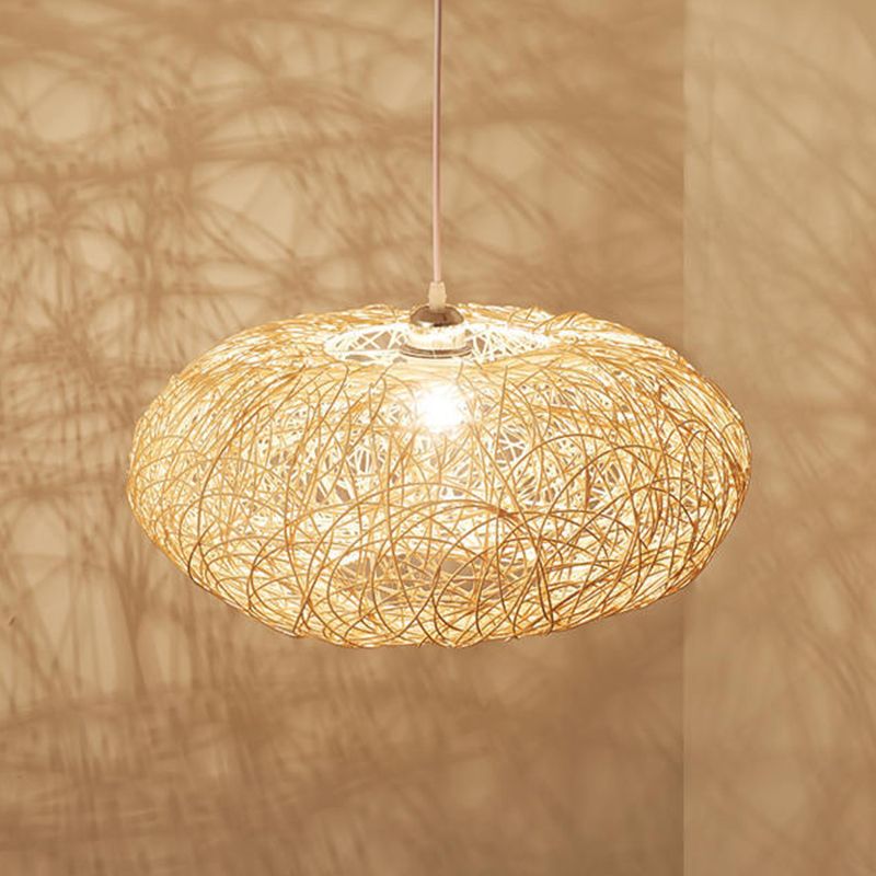 1 Light Rounded Drum Hanging Ceiling Lights Chinese Rattan Suspension Pendant Light for Restaurant
