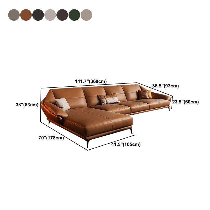 Glam Sofa Chaise Stationary Genuine Leather Flared Arm Cushions Seating