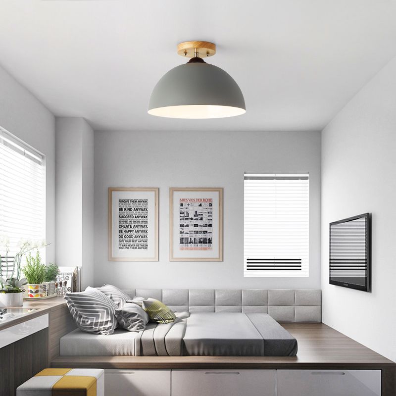 Red/Pink/White/Gray Domed Semi Flushmount Light Macaron Metal 1 Head Bedroom Semi Flush Ceiling Light, 12" W