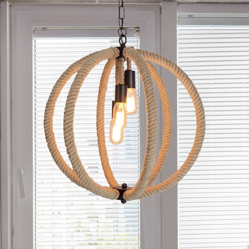 Chandelier de couloir d'orbe Hanging Light Light Retro Style Corde de chanvre 3 lumières Lampe de plafond beige