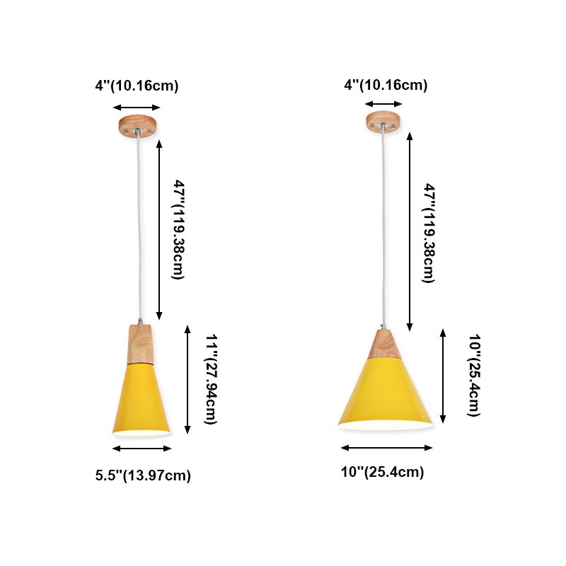 Modern Nordic Macaron Pendant Light Wooden Tapered Hanging Lamp with Wrought Iron Shade