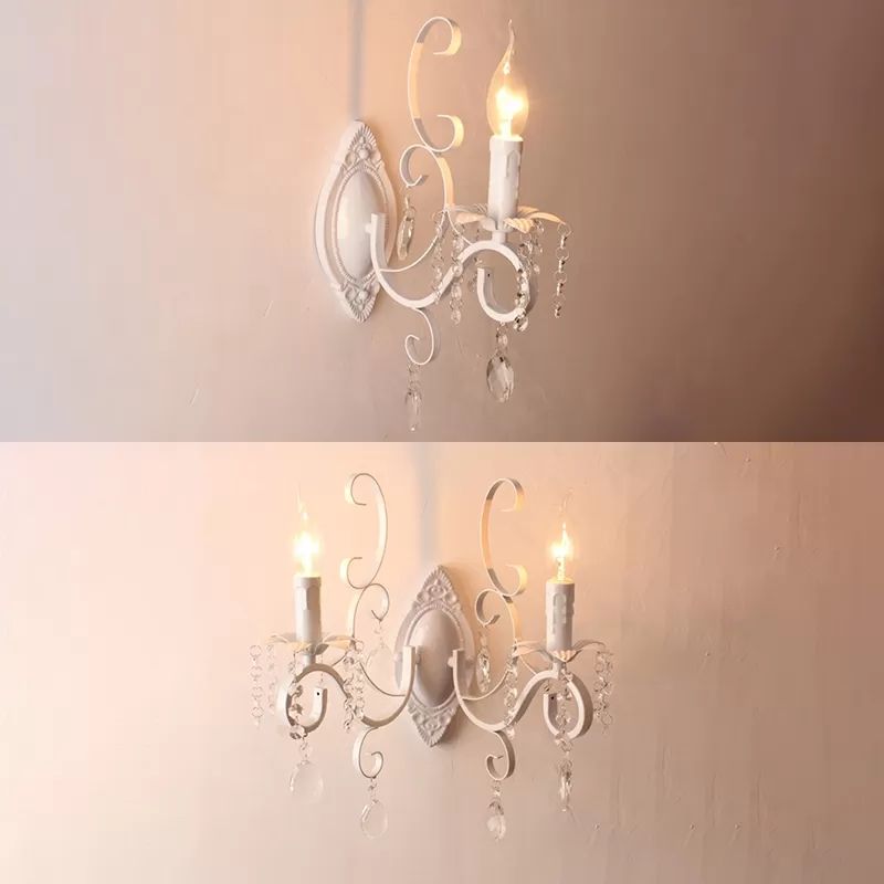Candle Shape Wall Light Classic Stylish Metal Wall Lamp in White with Clear Crystal for Lodge
