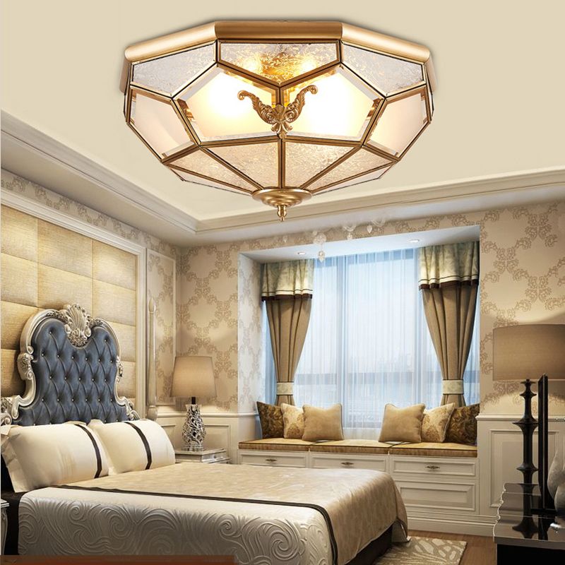 Lámpara de techo con forma de cuenco de cobre estilo retro colonial, montaje empotrado de latón y vidrio esmerilado para sala de estar