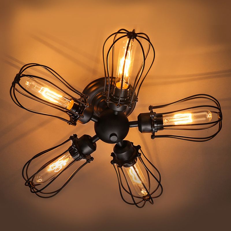 Bombilla Vintage en forma de Semi-Ras de Luz de montaje con Alambre Marco 3/5 Luces de metal en negro para la casa de campo