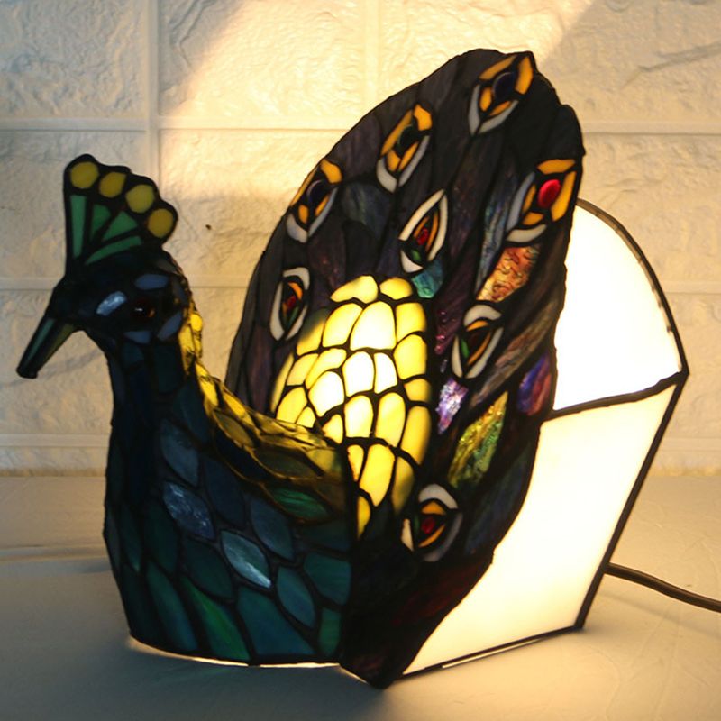 Blue 1-Head Night Lamp Mediterranean Stained Art Glass Peacock Shaped Table Lighting
