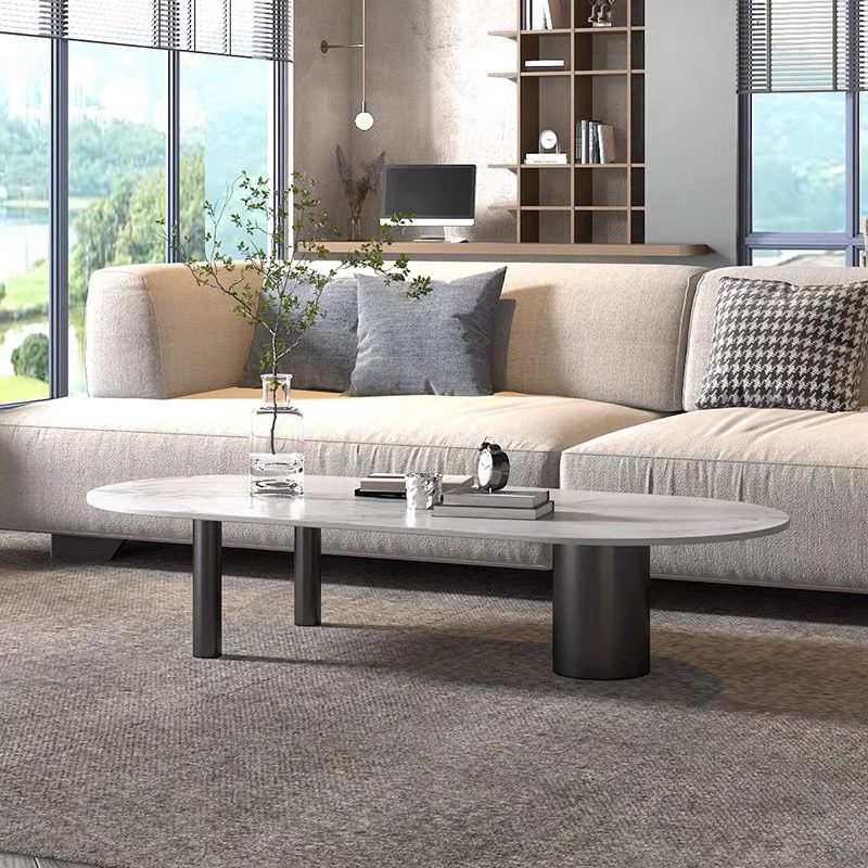 Modern Style White/Black Rock Slab Top Iron Craft Round Coffee Table