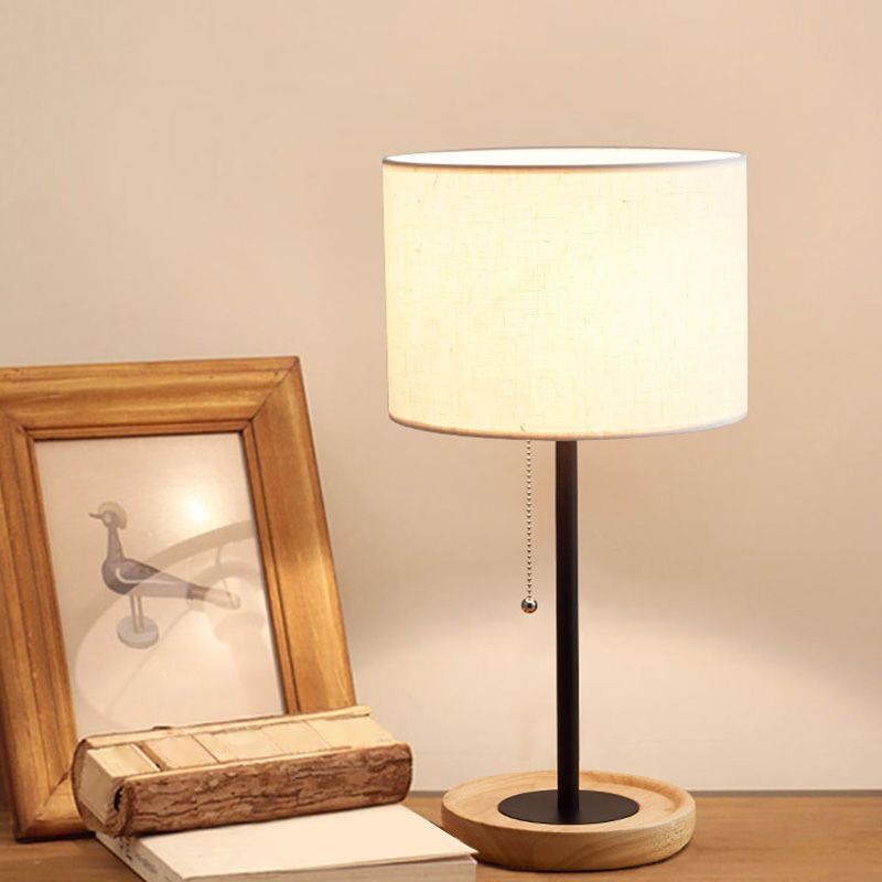 Drum Shaped Study Room Table Lighting Fabric 1��Head Minimalist Nightstand Lamp with Pull Chain