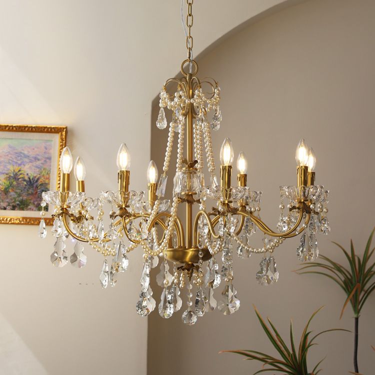 American Chandelier Brass Multi Light Hanging Light with Crystal for Bedroom