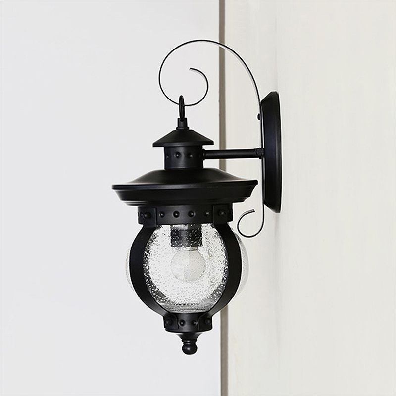 1 Light Seedy Glass Wall Sconce Light Rustic Black Lantern Bedroom Lighting Fixture