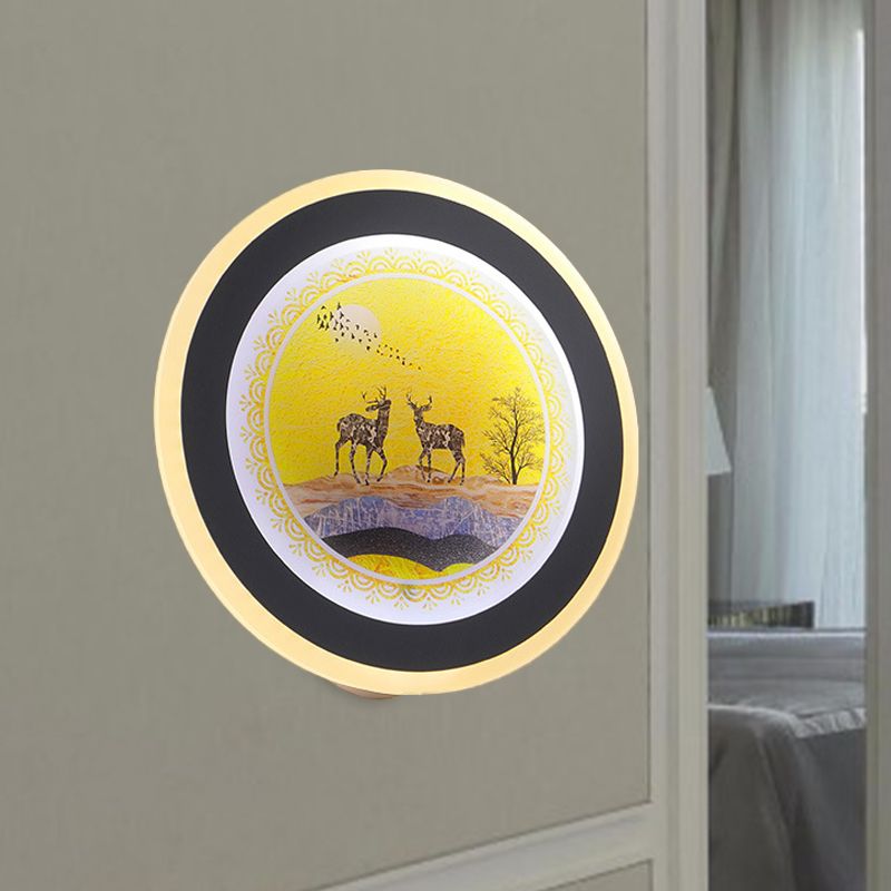 Blue/Yellow Rounded Wall Mounted Lighting Nordic Style LED Acrylic Wall Mural Light with Elk Deer Design