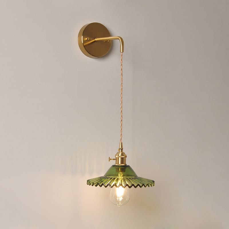 Green Glass Scalloped Wall Sconce Industrial 1 Light Living Room Lighting Fixture in Brass
