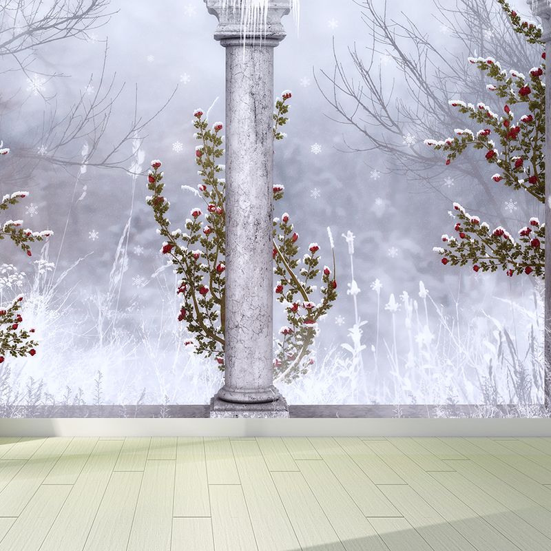 Gray Snowy Forest Mural Wallpaper Moisture Resistant Wall Covering for Living Room