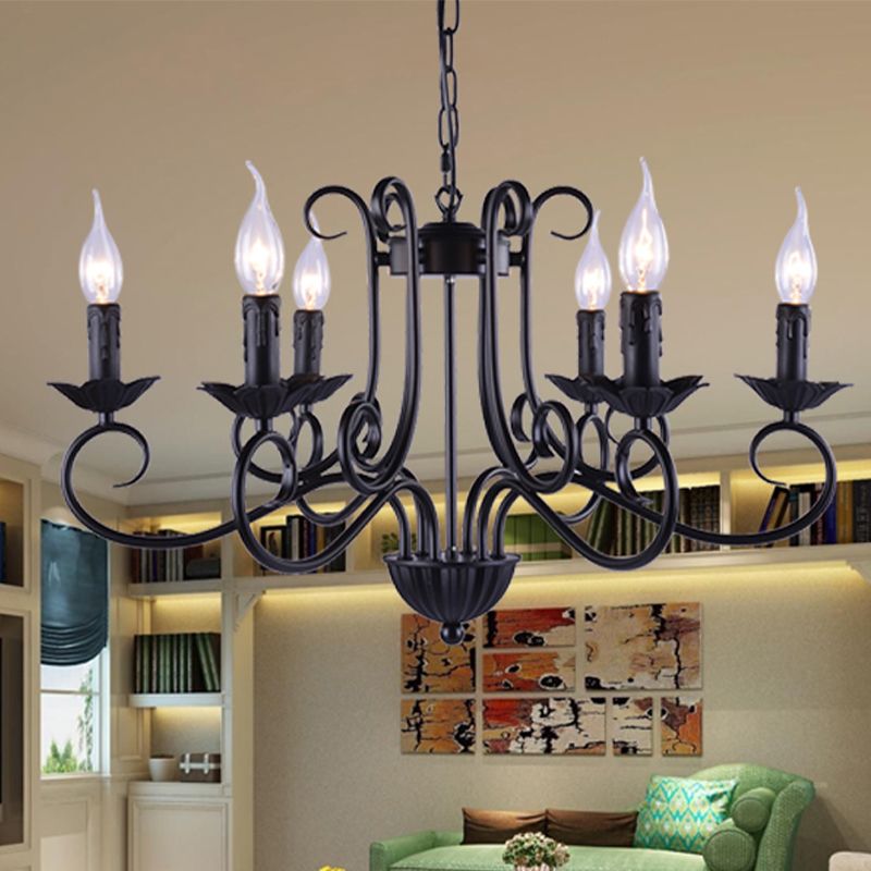 Chandelier de plafond de bougie traditionnelle 6 têtes Kit de lumière suspendue en métal en noir pour le salon