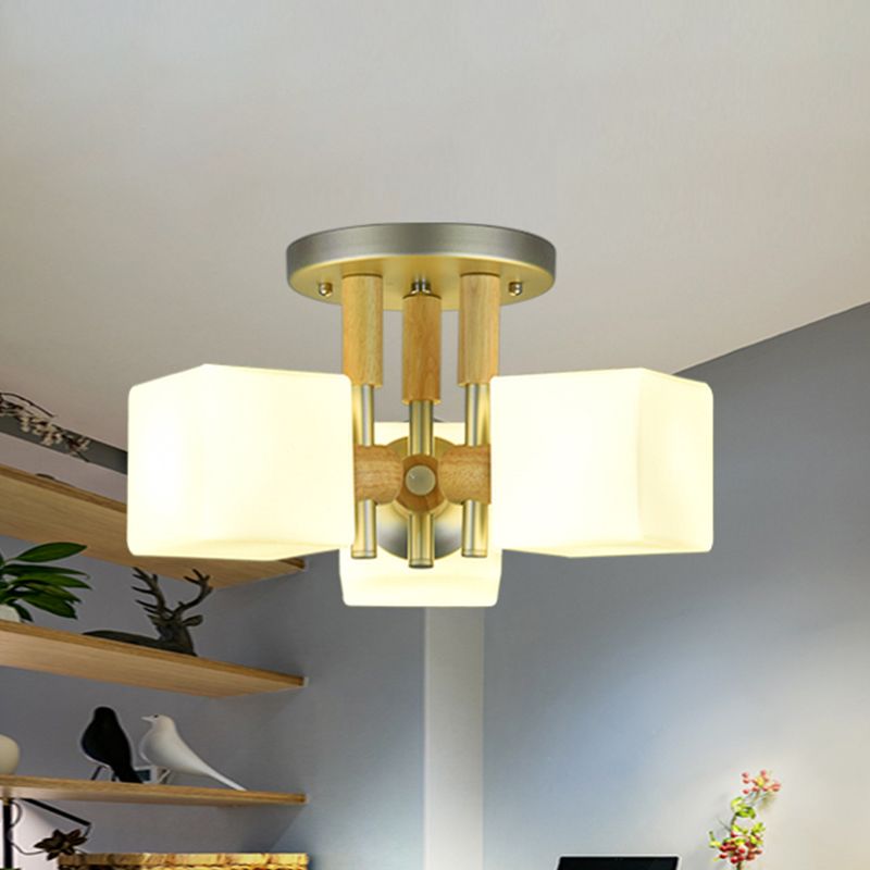 Cube White Glass Semi Flush Light Fixture Modern 3-Light Wood Ceiling Mounted Lamp