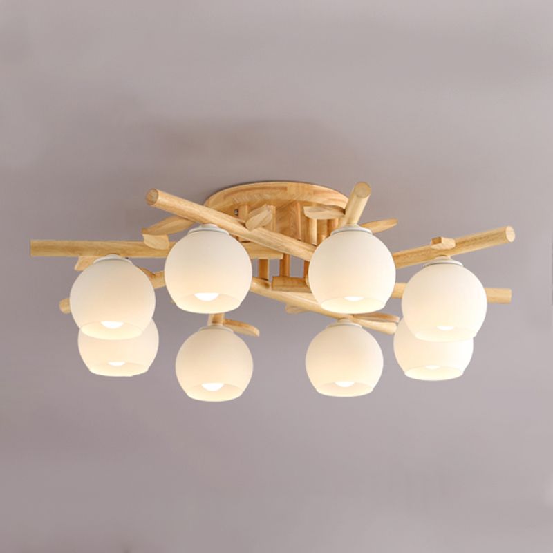 Log Color Indoor Ceiling Fixture in Modern Concise Style Wooden Globe Ceiling Light with Glass Shade