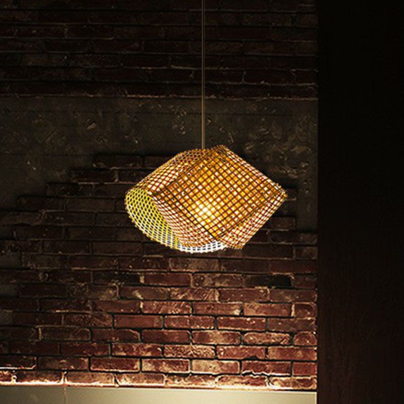 Twisted Bamboo Ceiling Light Asian Style 1 Bulb Wood Hanging Light Fixture for Restaurant