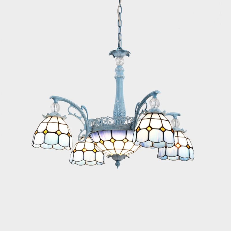 Stained Glass Bell Chandelier Mediterranean 4/6/8 Lights Blue Hanging Lamp for Dining Room