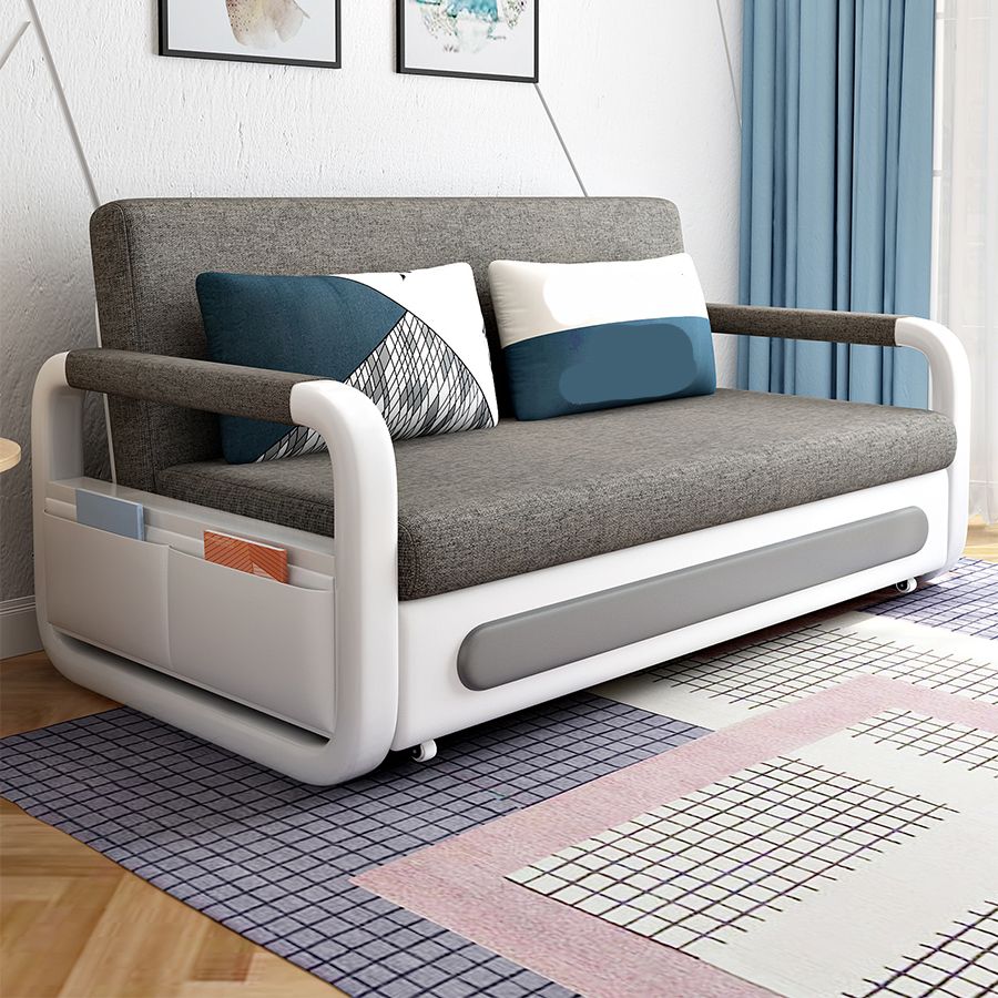 Linen Convertible Sofa Bed with Square Arms and Storage in Grey