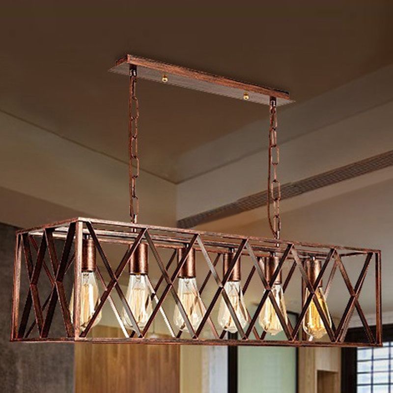 Cross encadré Boîte à manger Island Lightture Industrial Metal 6 Lumières Rust Hanging Lamp Kit