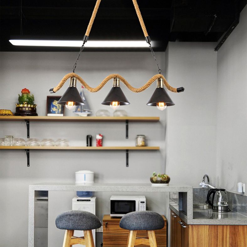 Hemp Rope Island Ceiling Light Vintage Style Restaurant Island Chandelier Light with Cone Metal Shade