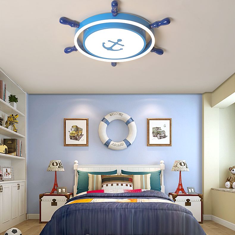 Mediterranean Style Flush Mount Ceiling Light Children's Room Boys and Girls Bedroom Study Kindergarten Cute Cartoon Pirate Ship Rudder LED Lamps