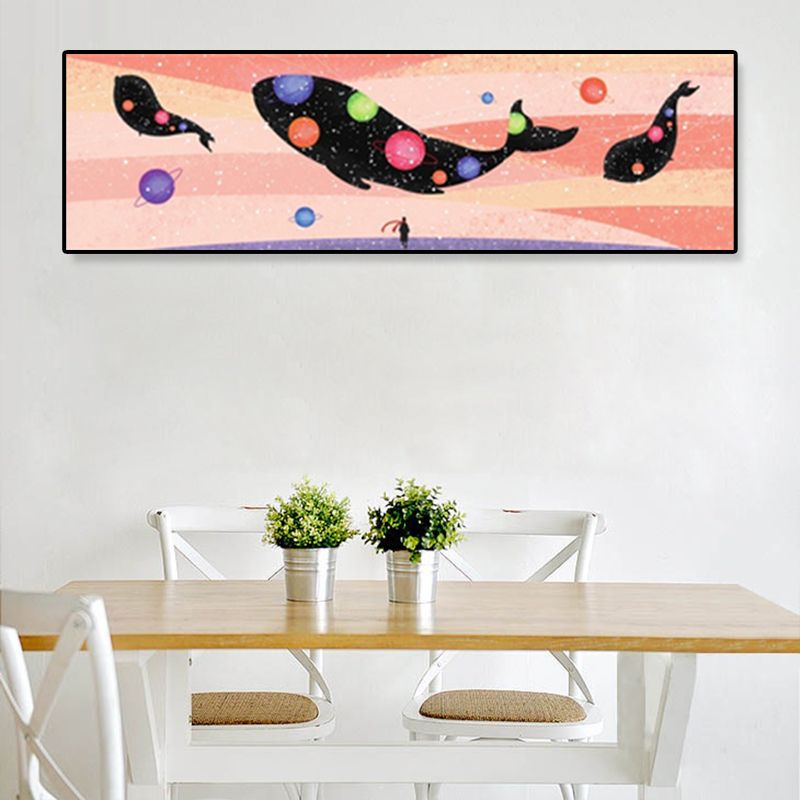 Fantasy Flying Whale Canvas Cartoon Textured Wall Art Print in Soft Color for Kids Room