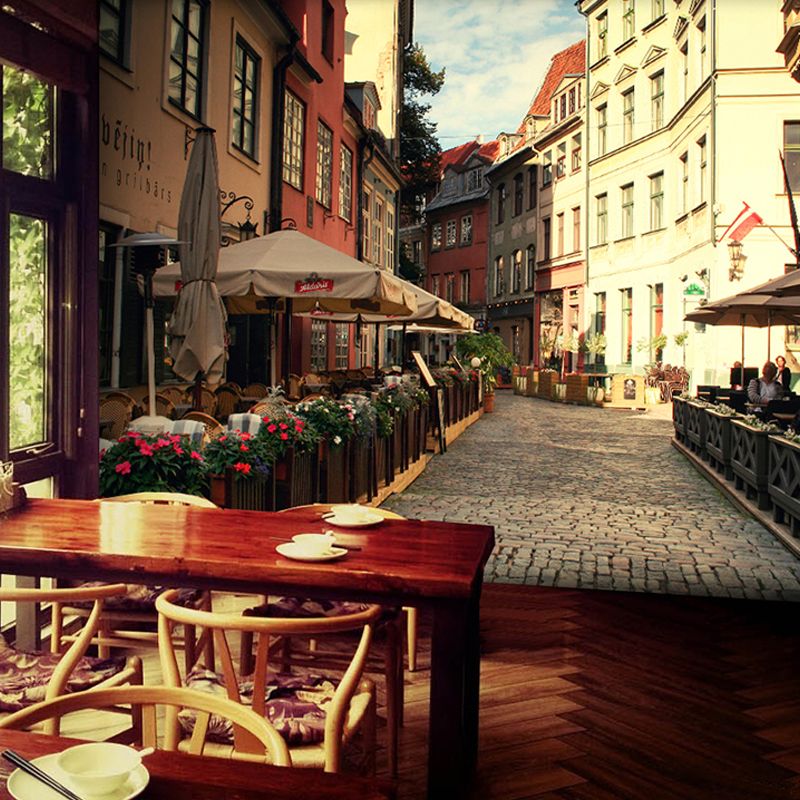 European Street Wall Mural in Brown, Minimalist Wall Covering for Coffee Shop