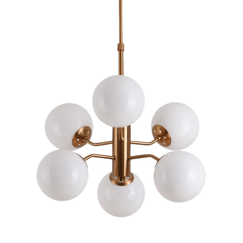 Milky Glass Ball Ceiling Chandelier Contemporary 6 Heads Suspended Lighting Fixture in Gold