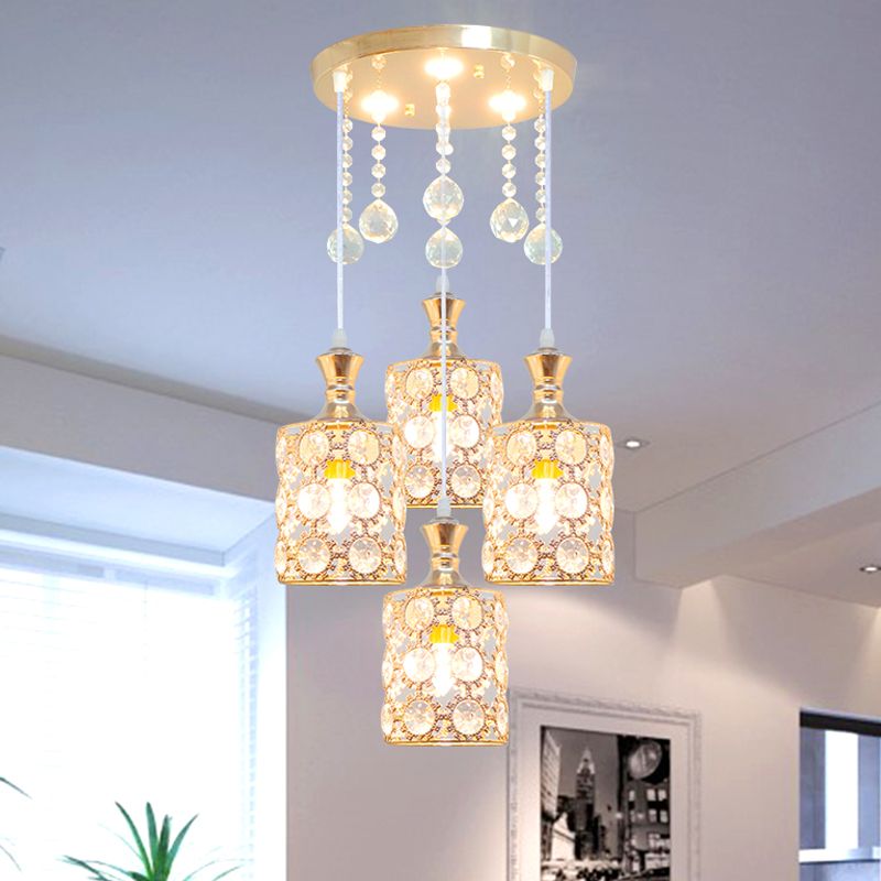 Gold Cylindrical Multiple Hanging Lamp Modernist 4 Heads Crystal-Encrusted Pendulum Light with Ball Droplet