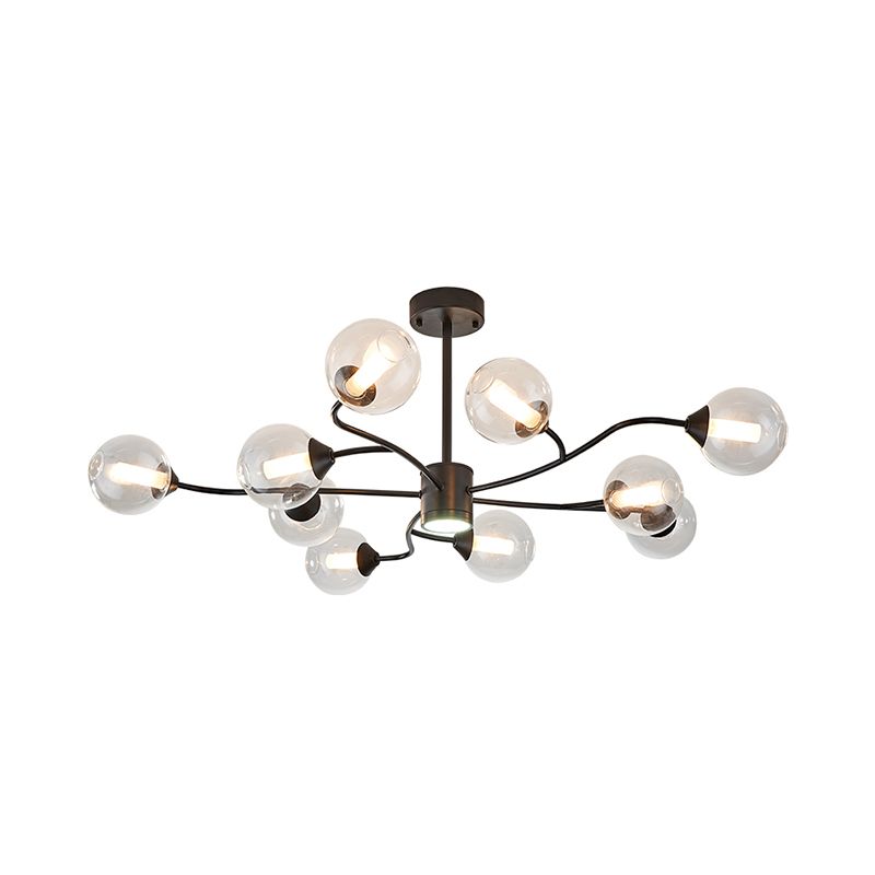 10 Heads Living Room Chandelier Lamp Modern Black Pendant Light Fixture with Orb Clear Glass Shade