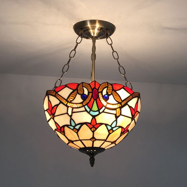 Victorian Designed Ceiling Fixture Tiffany Stylish Beige/Red/Orange/Brown/Blue/Purplish Blue Glass Semi Flush Ceiling Light for Study Room