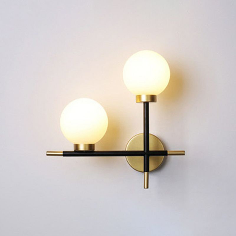 Mini Globe Milk Glass Wall Mount Light Modern 2-Light Black Sconce Fixture for Foyer