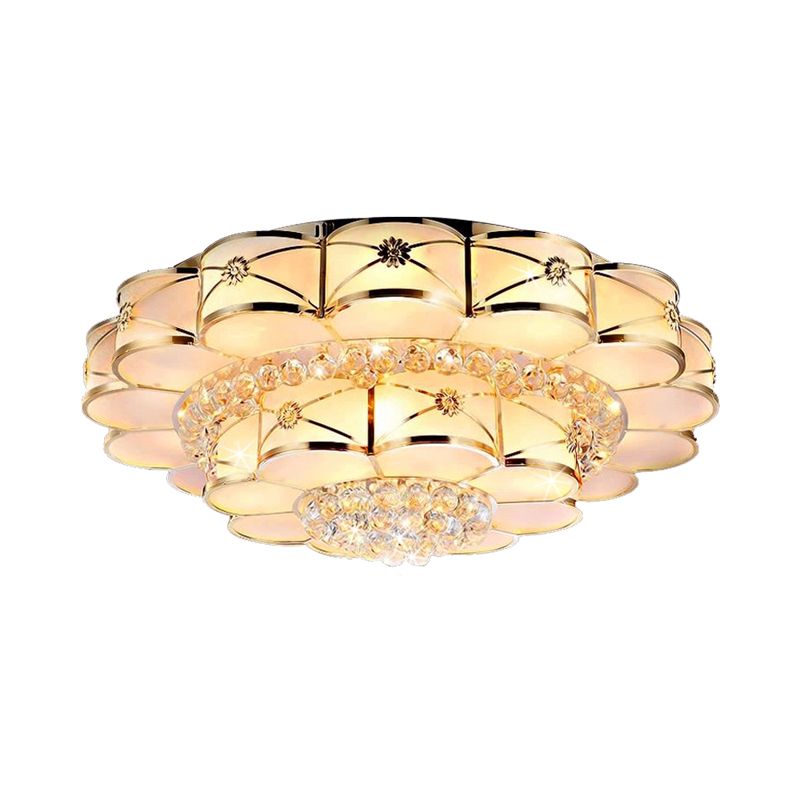 Blossom Frosted Glass Flush Light Fixture Traditional Bedroom Massimale Illuminazione in Gold con Dangling Crystal