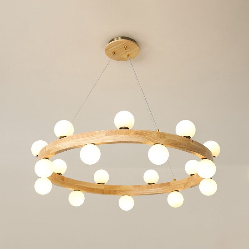 Wooden Circular Chandelier Minimalistic LED Pendant Light with Orb Opal Glass Shade
