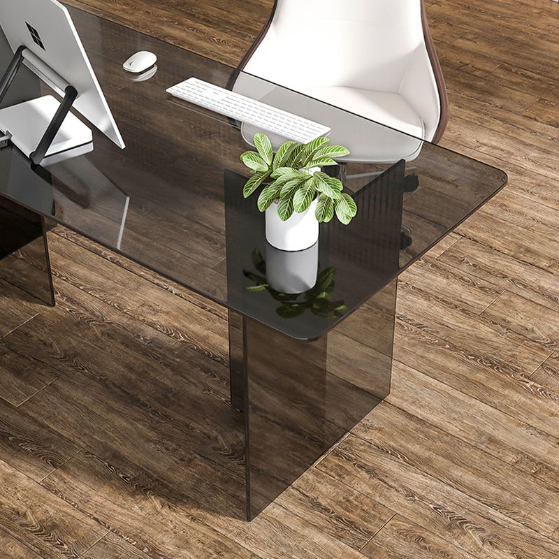 Glass Contemporary Rectangular Dining Table Clear Glass Table with Double Pedestal