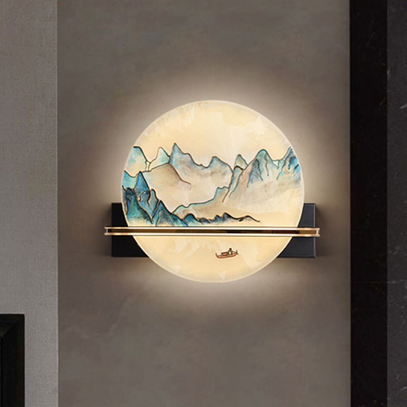 Blue and White Hills Painting Mural Light Chinese Metal LED Flush Wall Sconce for Bedside