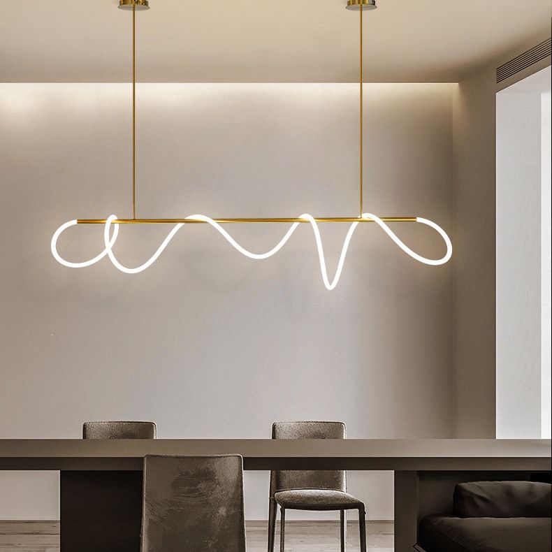Modern Minimalism Gold Linear Island Pendant Lighting LED Metal Island Ceiling Light for Dining Table