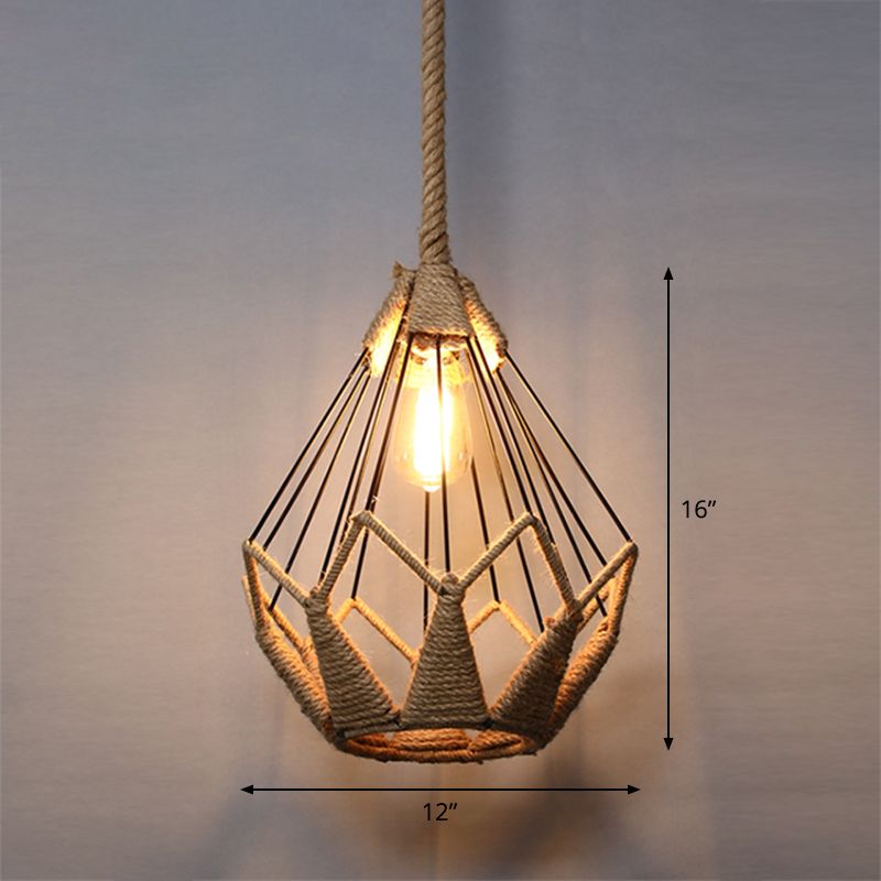 Single Cage Shade Pendulum Light Country Style Wood Rope Suspension Light for Restaurant