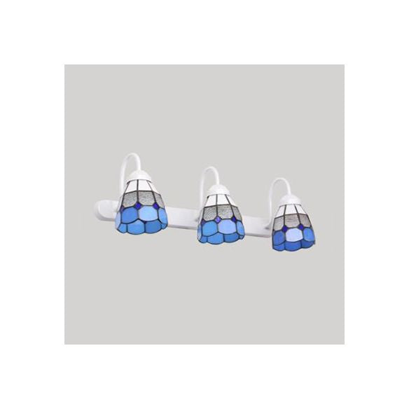 White 3 Heads Wall Light Fixture Tiffany Yellow/Blue Glass Grid Patterned Vanity Lighting