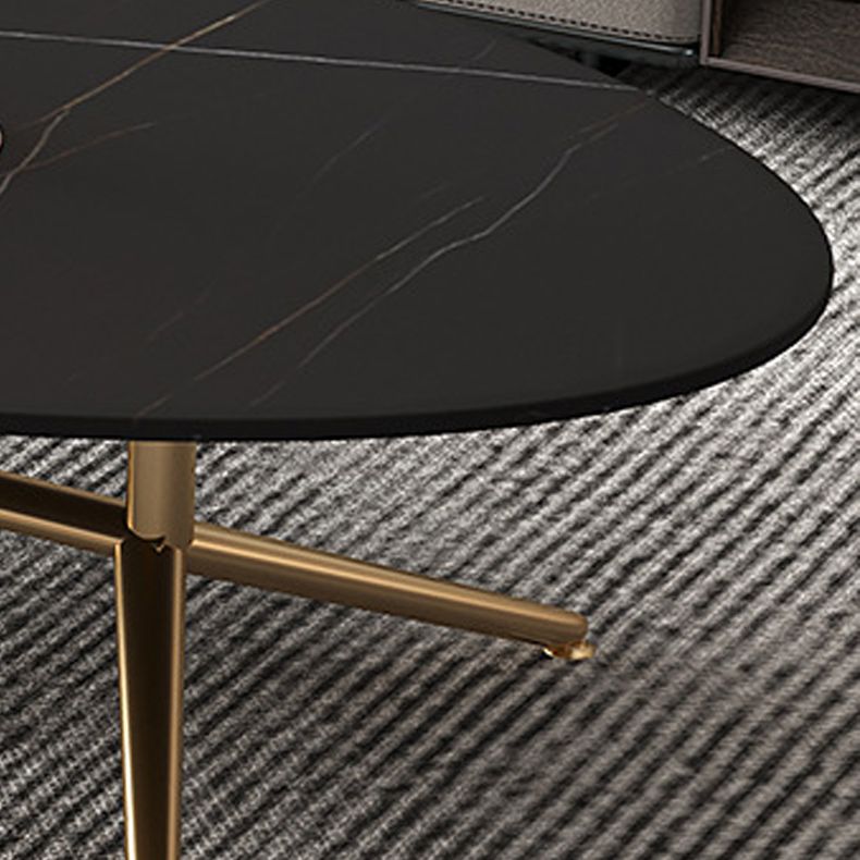 Glam Style Coffee Table with Oval Stone Top and Steel Trestle Base