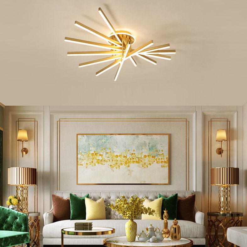 Slender Bar Semi Flush Mount plafond Aménagement de salon en métal moderne LED LED MONTER en or